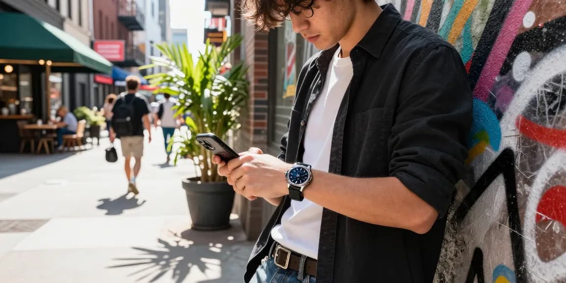Stylish individual checking the time on a clone watch against an urban backdrop.