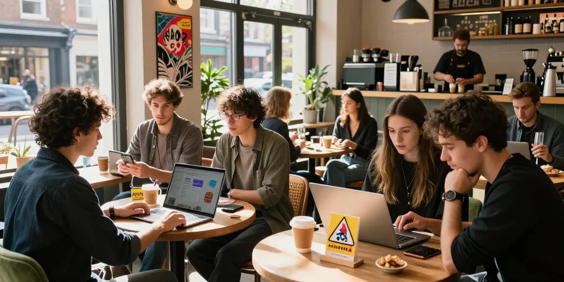 Young professionals discussing NSFW content at urban café, vibrant atmosphere with laptops and coffee.