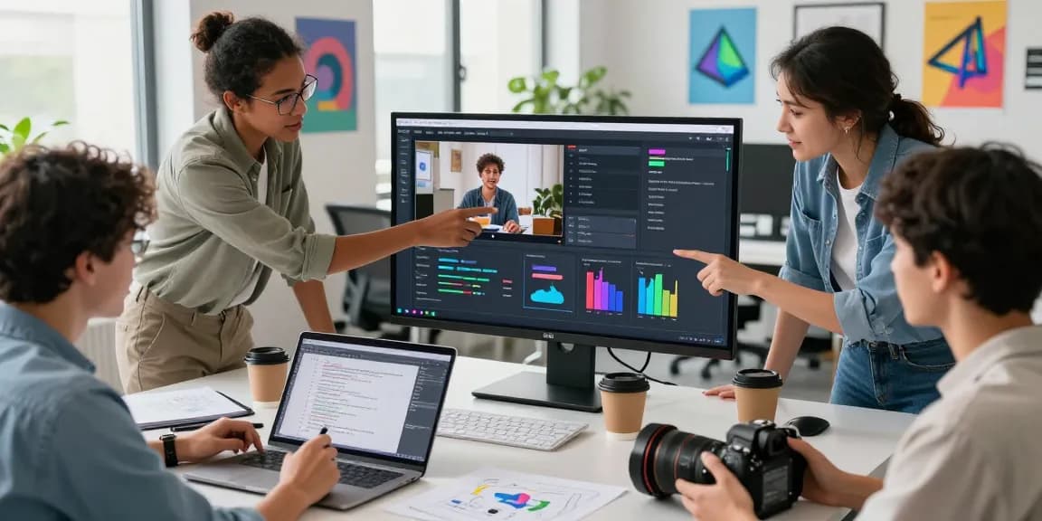 Team collaborating in a tech workspace using a video to prompt converter to generate AI-driven video prompts.