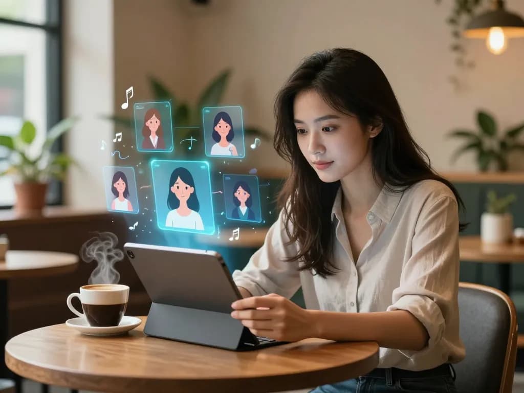 Engaging scene of a young woman chatting with her AI girlfriend at a cozy café.