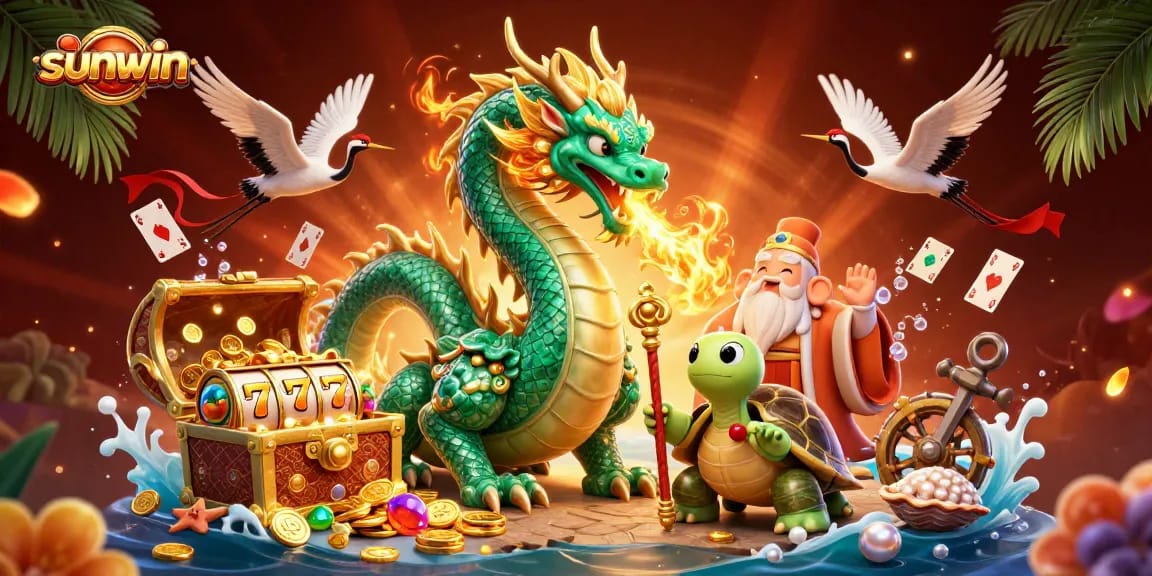 Experience the excitement of sunwin as the jade dragon breathes fire, amidst slot reels and treasure.