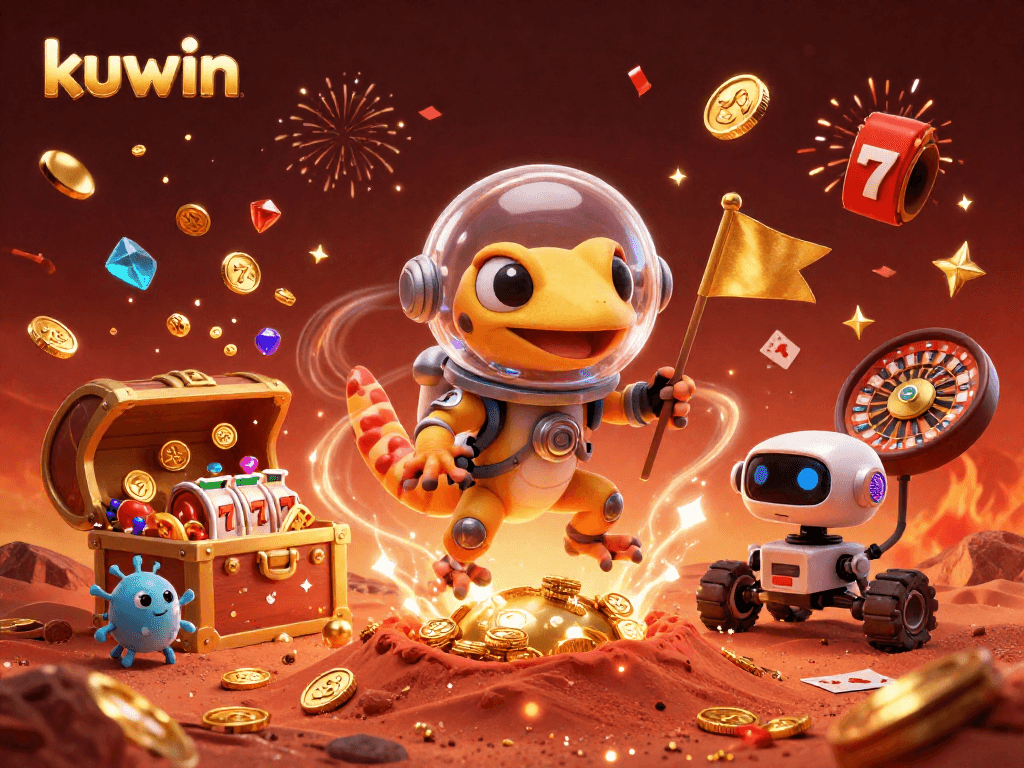 Kuwin players engaging with a vibrant 3D casino scene filled with excitement, gold coins, and playful elements.