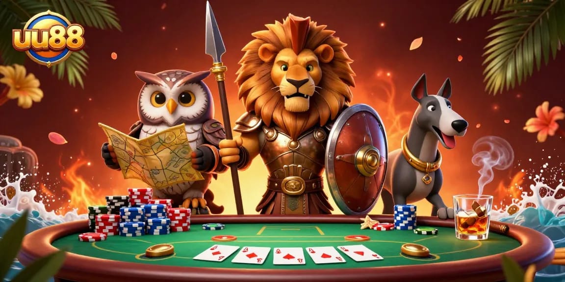 Engage in thrilling poker at uu88 with a dynamic scene featuring a Spartan lion, owl strategist, and greyhound messenger.