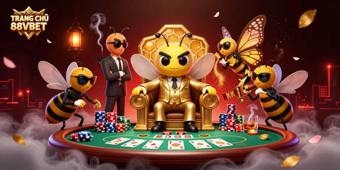 Engaging TRANG CHỦ 88VBET scene depicting a buzzing bee mob boss amidst poker excitement in 3D