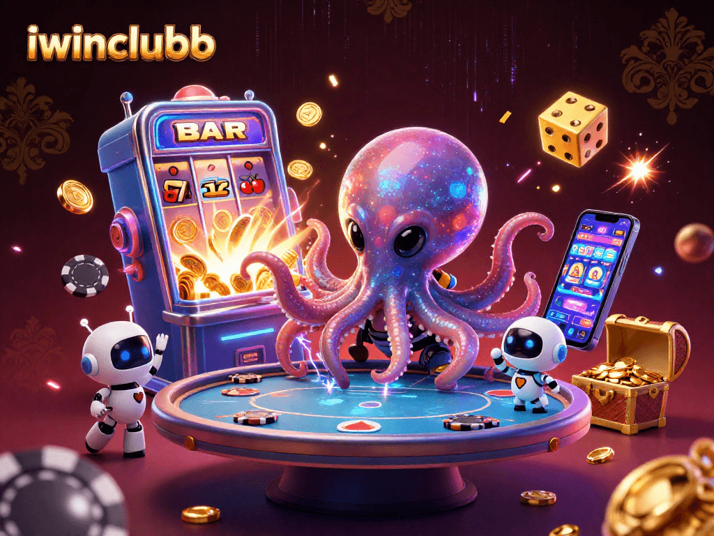 Engage with iwinclubb’s thrilling cosmic casino with an alien octopus and an exciting poker table.