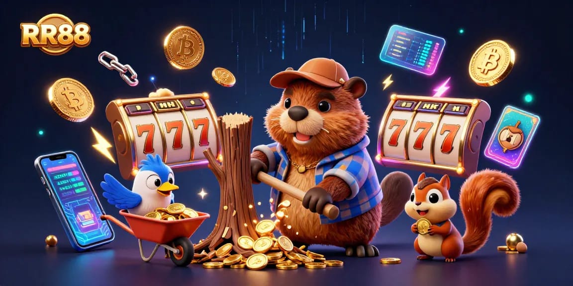 Experience the thrill of RR88 as the beaver and friends reel in winning jackpots with playful energy.