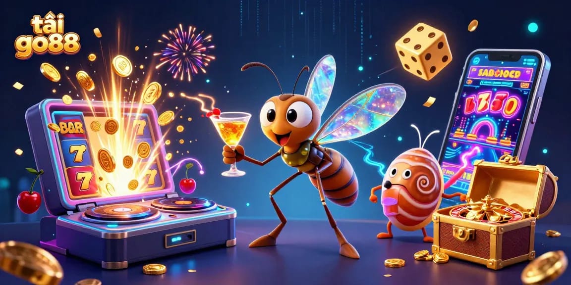 Experience the excitement of tải go88 with a lively casino-themed 3D illustration featuring unique characters and casino elements.
