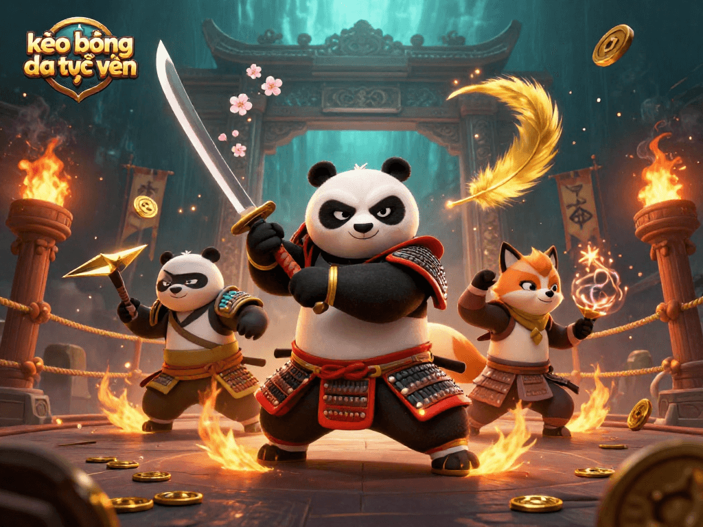 Engage in kèo bóng đá trực tuyến action with a dynamic samurai panda and fox ninja amidst a vibrant casino arena.