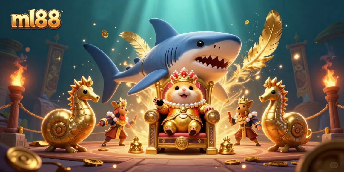 Experience the thrill of casino gameplay in ml88's exciting underwater scene with a golden hamster king.