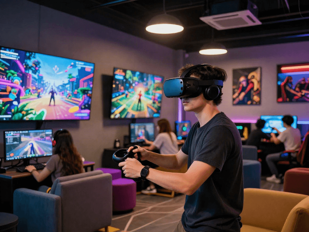 Immersive AI-driven gaming scene highlighting a young adult with VR headset and controllers, engaged in 18+ ai virtual experiences.
