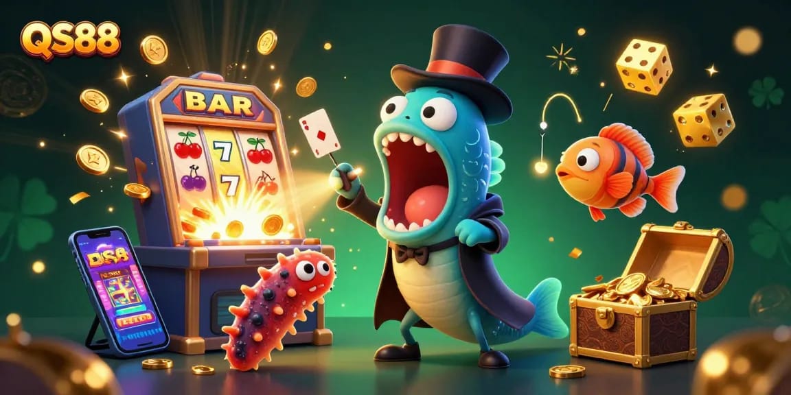 Experience QS88's vibrant casino magic with bioluminescent characters performing thrilling tricks.