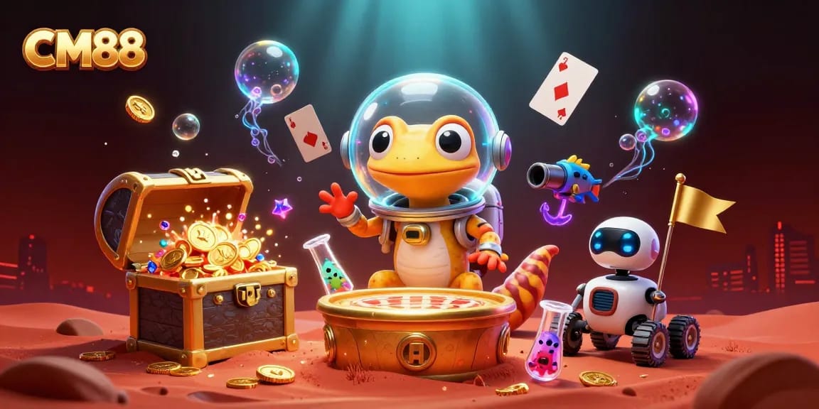 CM88 showcases a Martian gecko discovering a golden casino, surrounded by dynamic game elements.