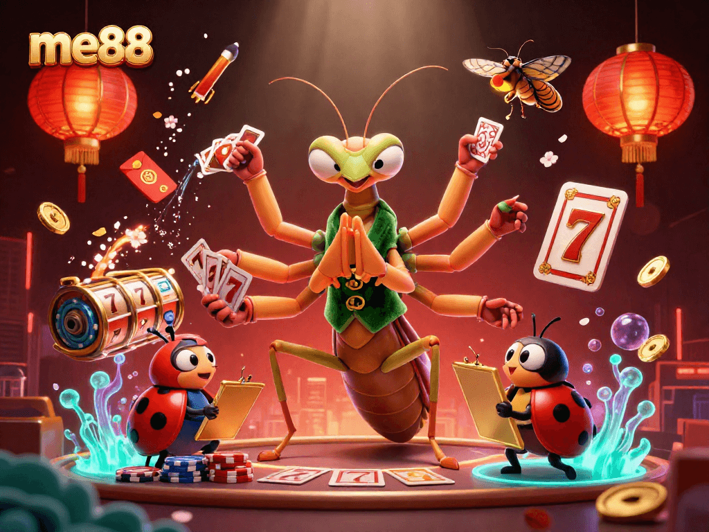 Engage with exciting live gaming at me88 with a giant mantis dealer and charming ladybug pit boss.