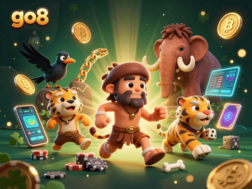 Experience the excitement at go8 with lively caveman characters and crypto elements illustrating online gaming.