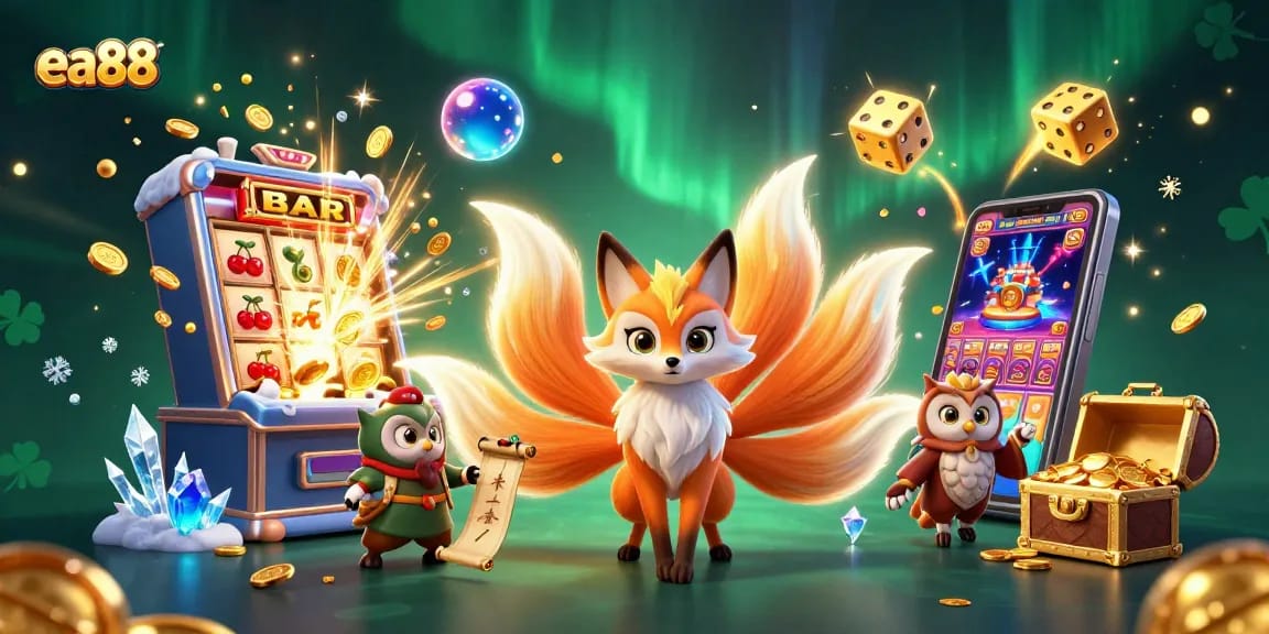Engage in thrilling gaming with ea88 featuring a vibrant nine-tailed fox, jackpot slots, and dynamic casino elements.