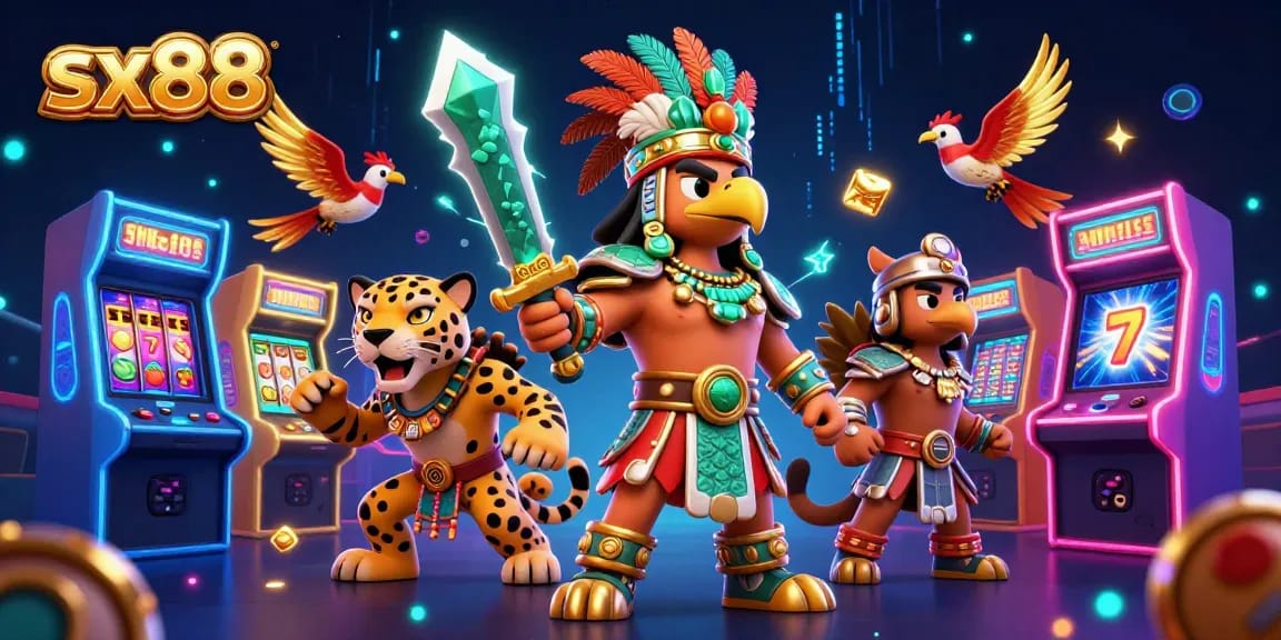 SX88 players enjoying a thrilling jackpot adventure with Aztec warriors and glowing casino elements.