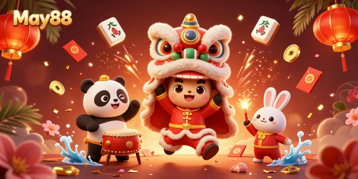 Engage with the colorful casino spirit of May88, featuring lively lion dance characters and festive elements.