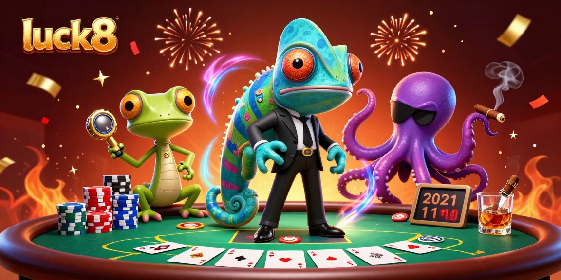 Engage in exciting poker action at luck8 with vibrant illustrations of a secret agent chameleon, gadgets, and poker elements.