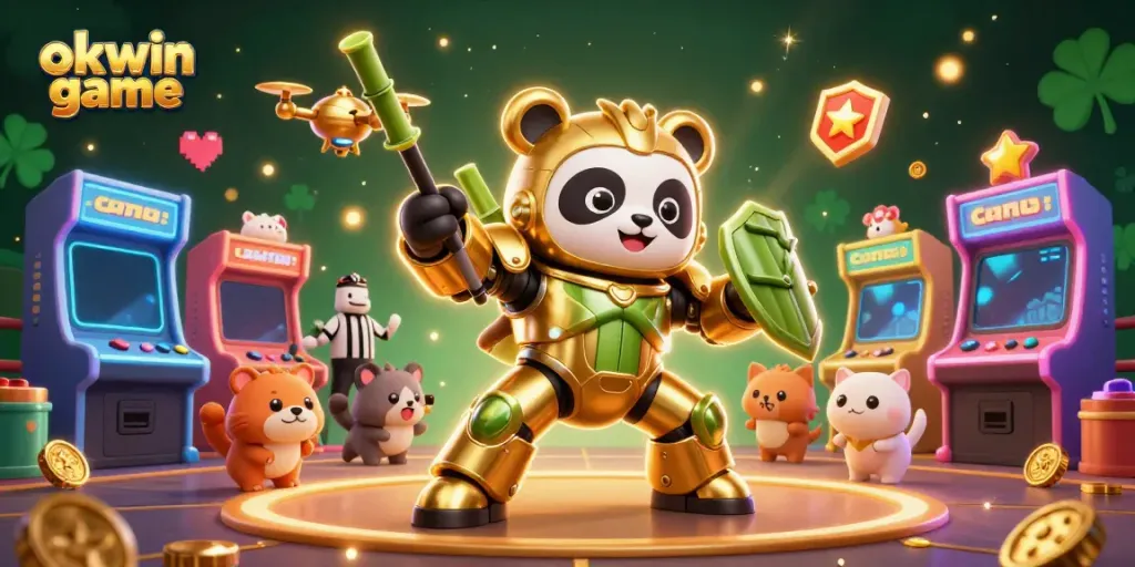 Engage in the exciting okwin game with a vibrant 3D casino illustration featuring a panda piloting a robot amidst arcade elements.