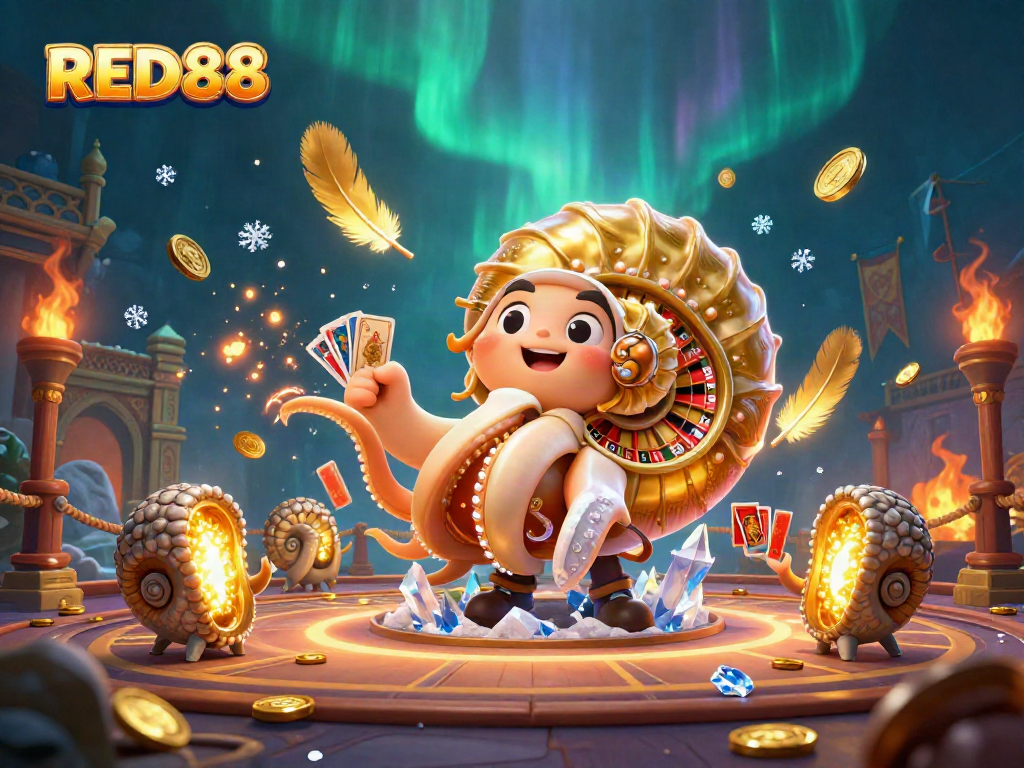 Engage in exciting gameplay at RED88 featuring a giant nautilus with roulette wheel, cards, and golden elements.