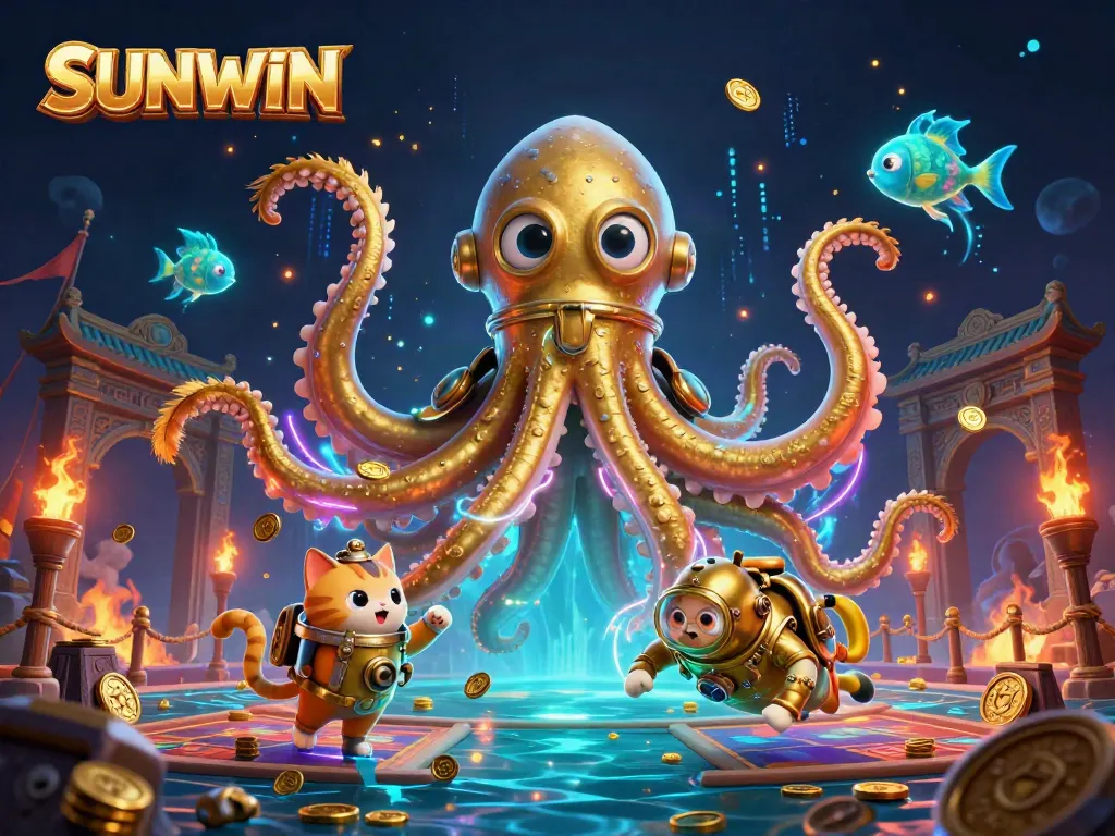 Experience thrilling gameplay at SUNWIN, featuring a 3D kraken and vibrant casino scene.