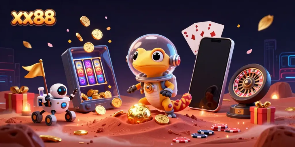 Experience thrills at xx88 with a Martian gecko unearthing a golden casino in a colorful cosmic setting.