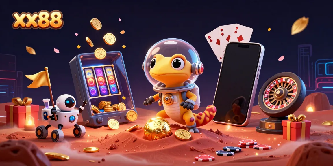 Experience thrills at xx88 with a Martian gecko unearthing a golden casino in a colorful cosmic setting.