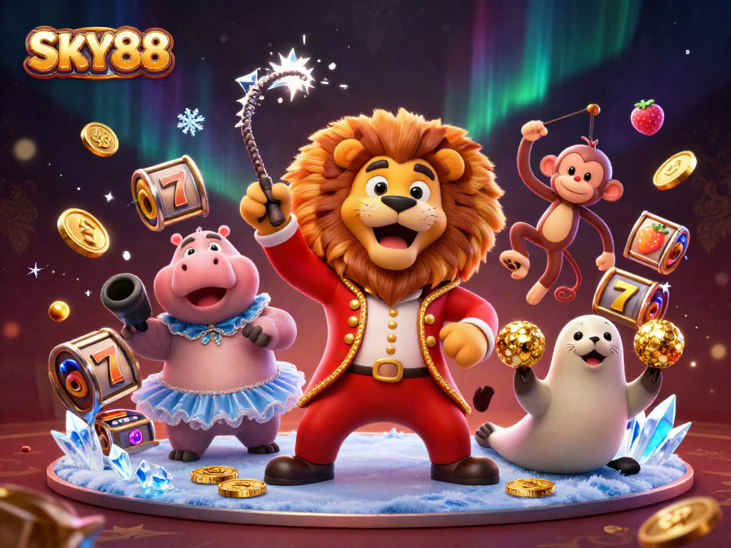 Engage with thrilling slots action at SKY88 alongside vibrant casino elements and characters.