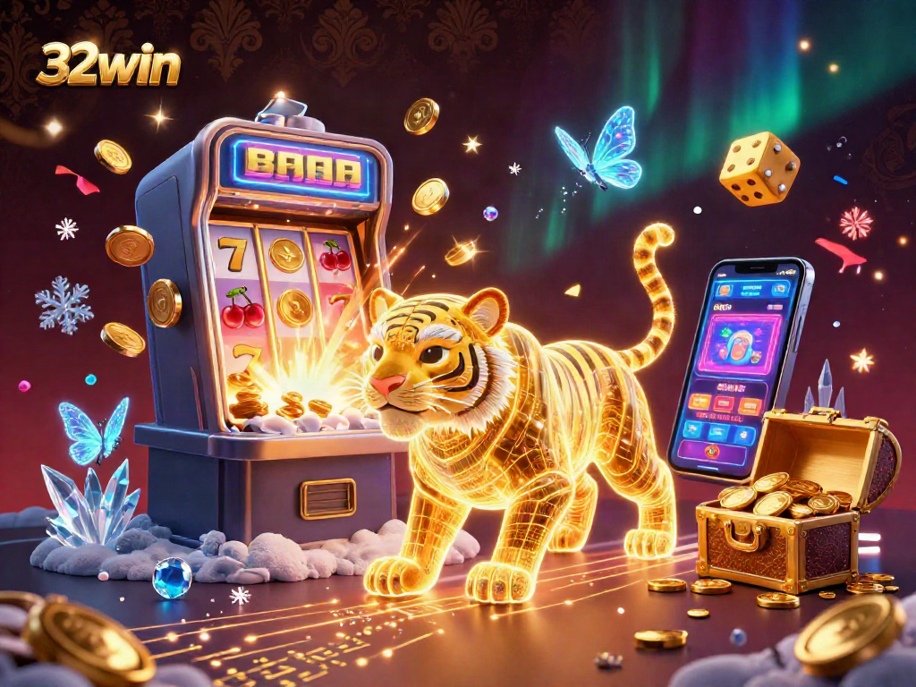 Experience the excitement of 32win with a vibrant 3D casino scene featuring dynamic gaming elements.