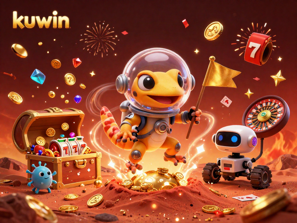Kuwin players engaging with a vibrant 3D casino scene filled with excitement, gold coins, and playful elements.