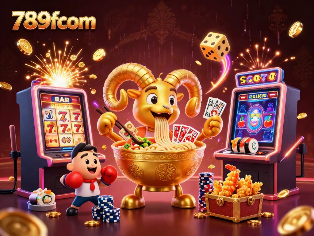 Experience jackpot excitement with 789fcom's vibrant 3D casino scene featuring a golden ramen bowl dealer and cheering sushi.
