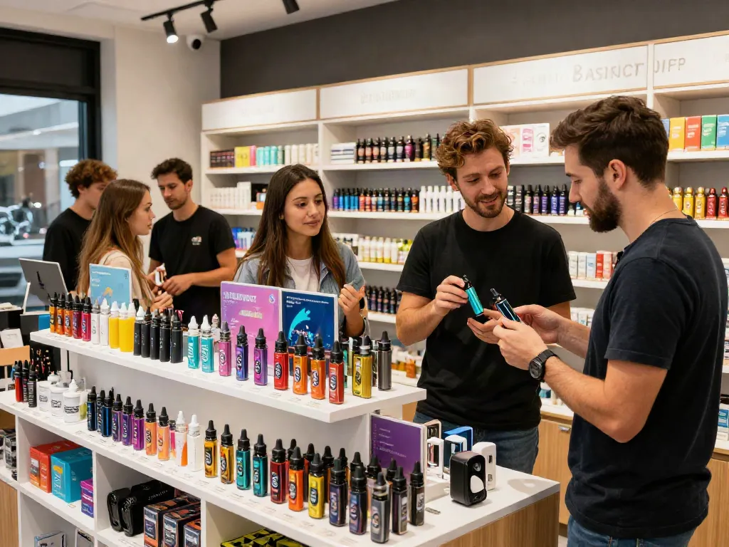 Customers exploring rechargeable vape kits and e-liquids in a vibrant shop, discussing what replaced disposable vapes.