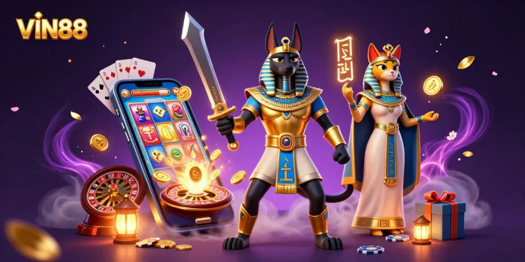 Experience thrilling gameplay at VIN88 with Anubis and Bastet in a vibrant casino scene.