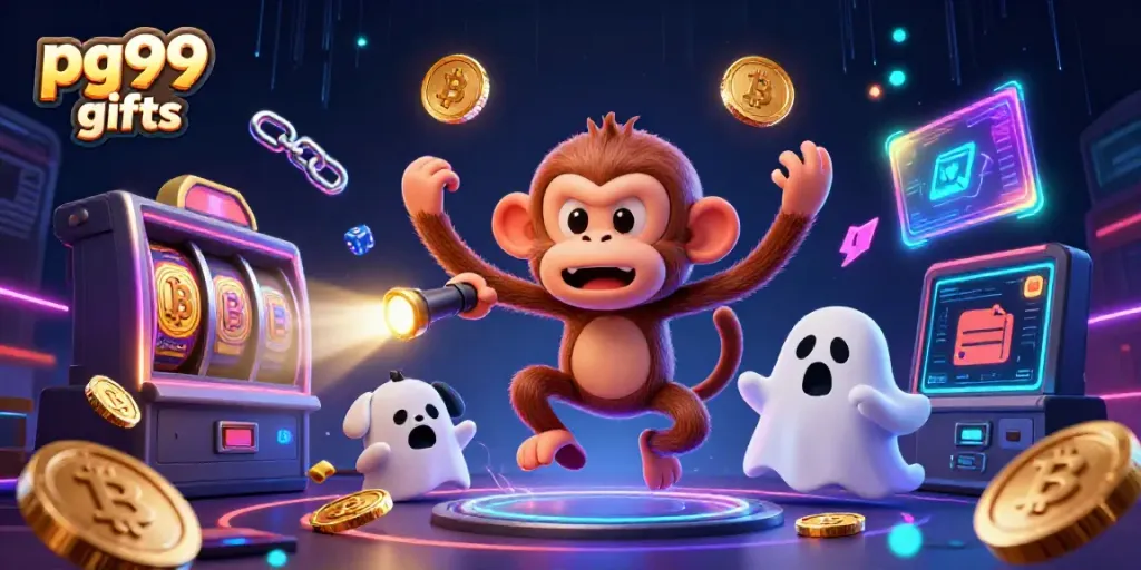Experience the unique features of pg99 gifts through slots and crypto-themed 3D casino illustration.