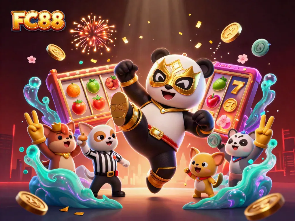 FC88's vibrant 3D casino illustration featuring a panda wrestler amidst slot reels and lively spectators.