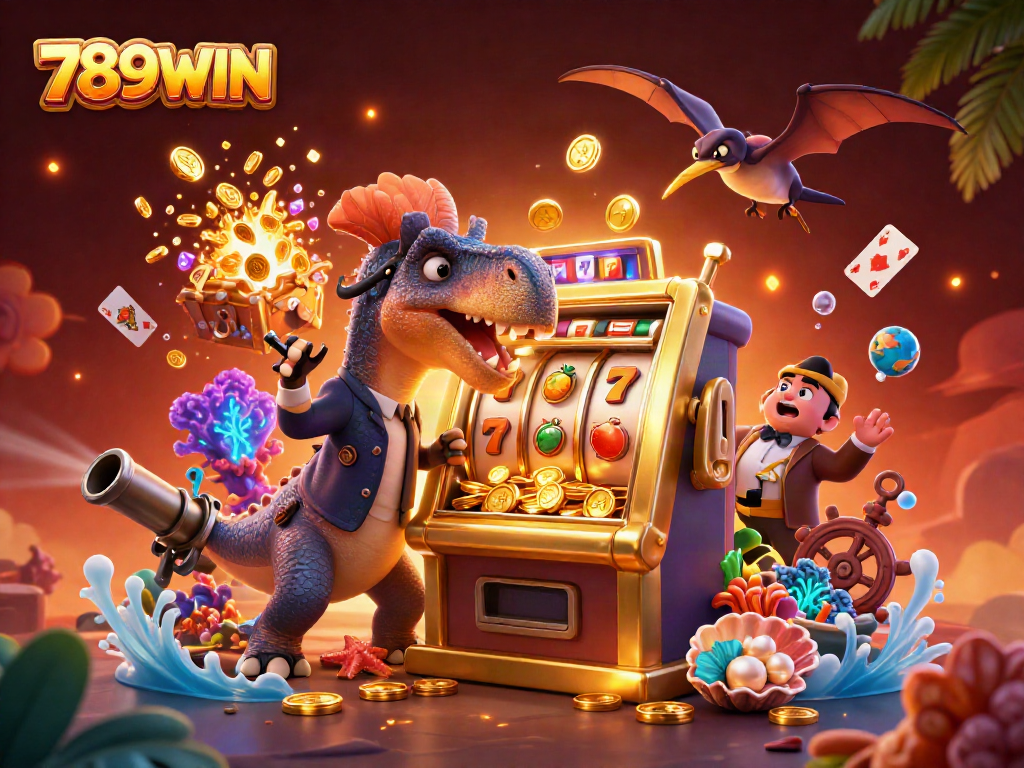 Experience the thrill with 789WIN as a pachycephalosaurus jackpot winner in a lively casino illustration.