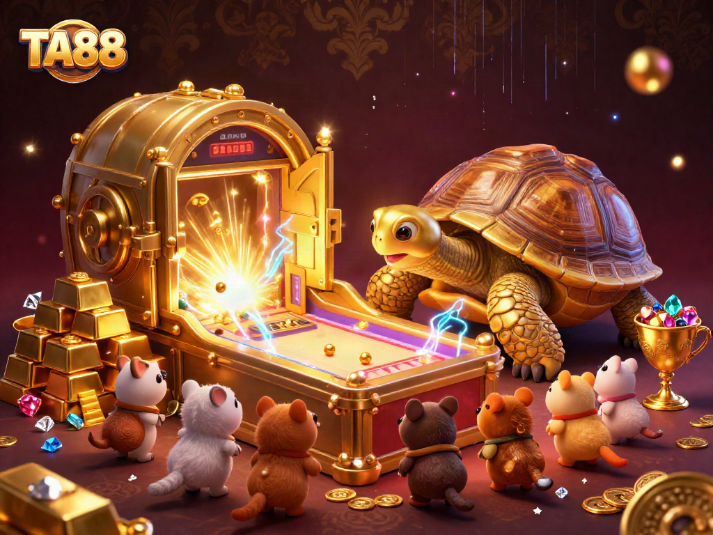 Excited players engage with the TA88 golden tortoise pinball machine, surrounded by treasure.