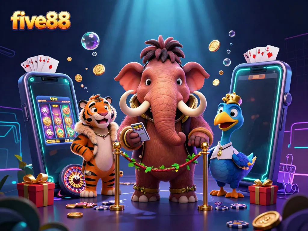 Engage in exciting gaming with five88 featuring a cartoon mammoth bouncer and extravagant casino elements.