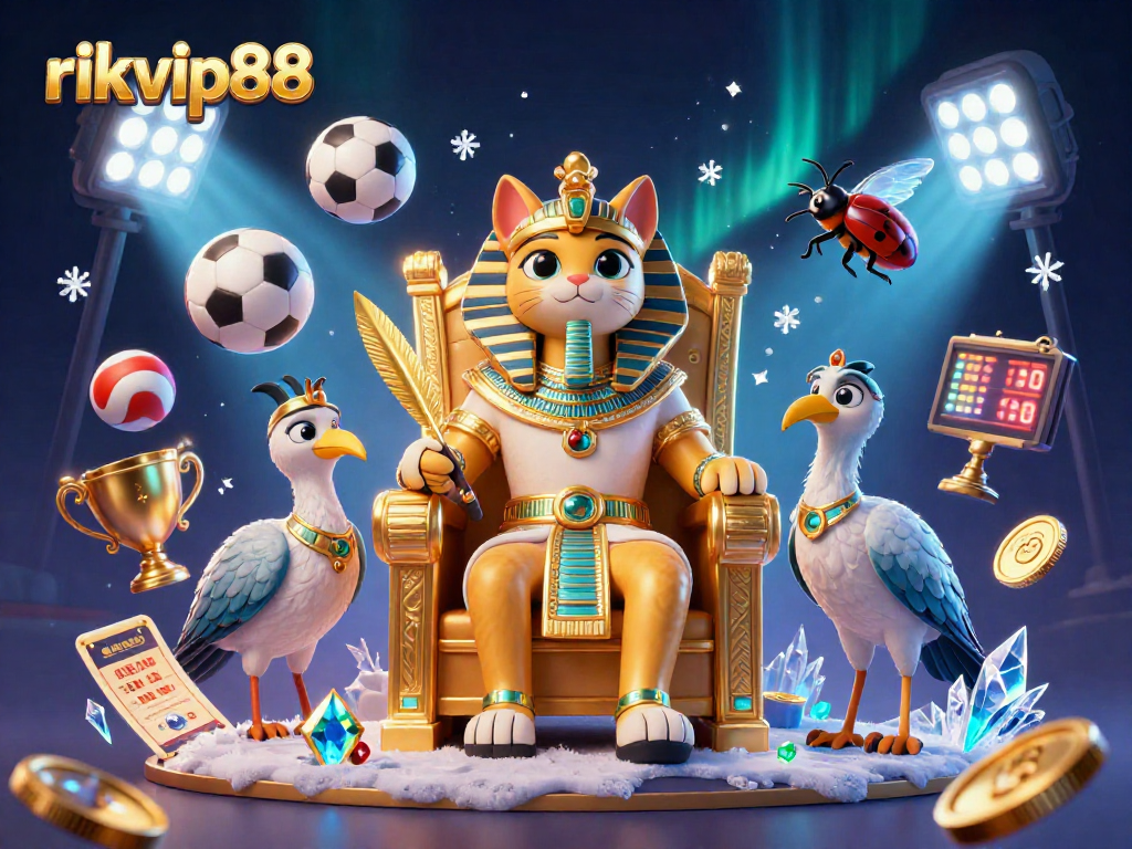 Engage in thrilling games at rikvip88 with a vibrant 3D illustration of a pharaoh cat, sports elements, and shimmering coins.