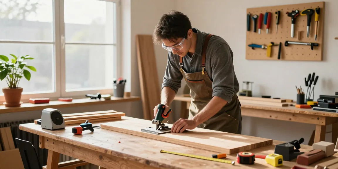 Skilled carpenter using a hand mitre saw in a bright workshop filled with woodworking tools.