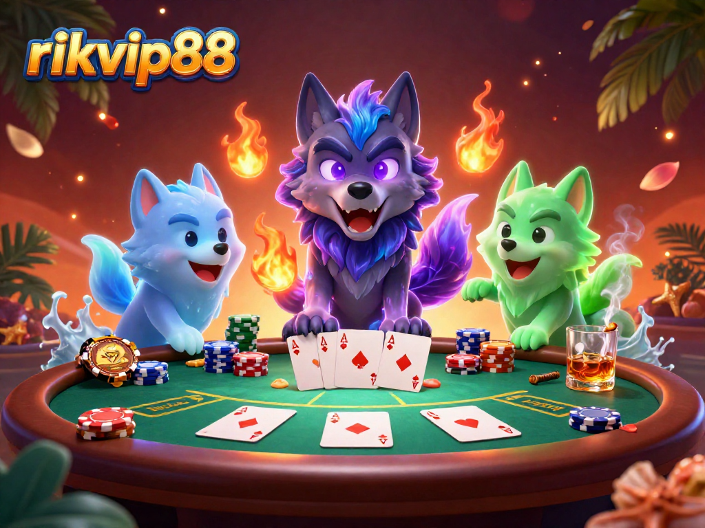 Engage in high-stakes poker action with rikvip88's ghostly wolf champions at the vibrant gaming table.