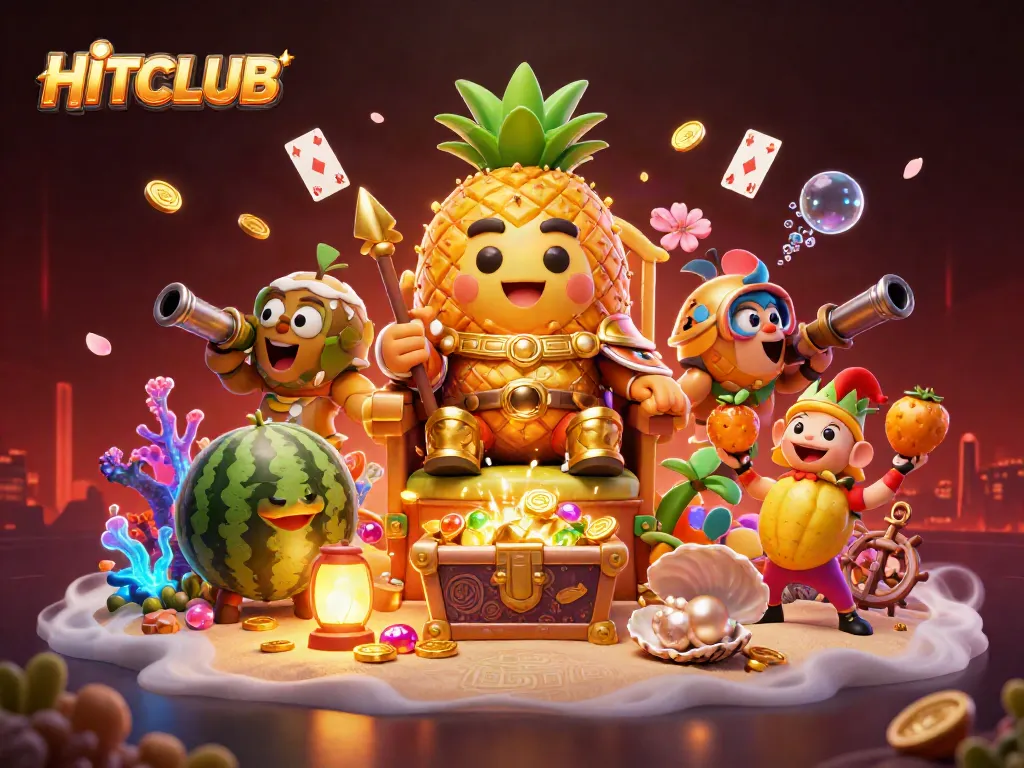 Engage in thrilling gameplay with HITCLUB at a vibrant 3D casino scene featuring tropical characters.