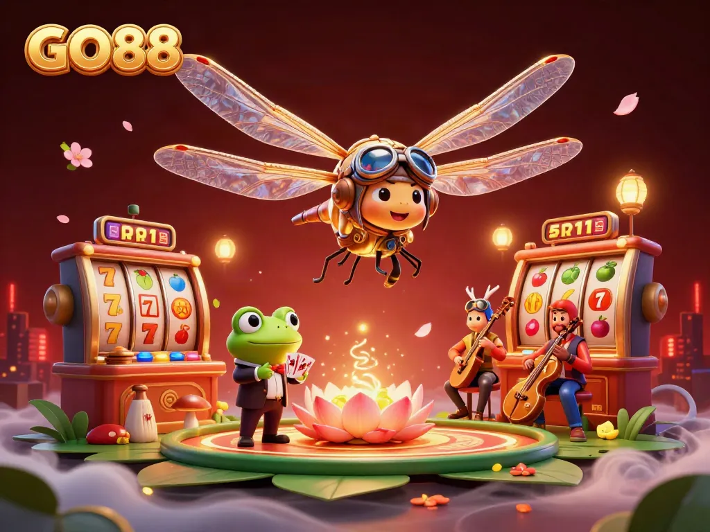 Experience thrilling casino action with the GO88 dragonfly pilot, frog croupier, and vibrant game elements.