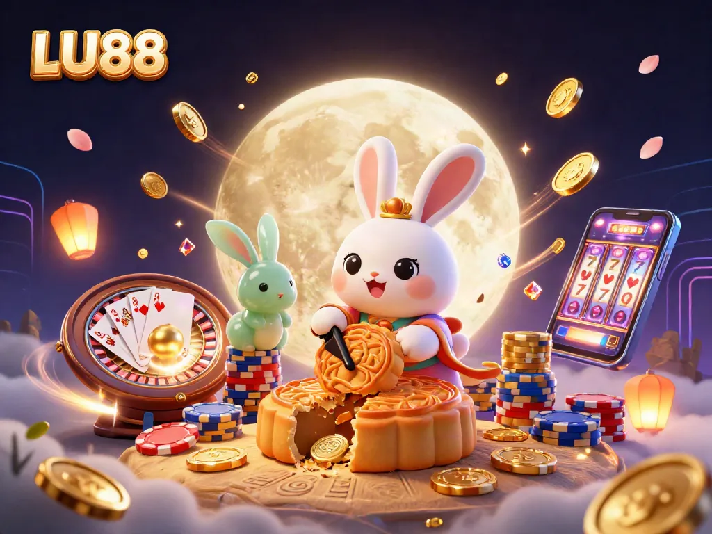 LU88 showcases exciting casino elements like a moon rabbit and poker chips amidst golden coins.