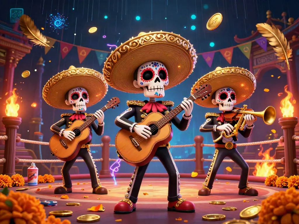 Experience exhilarating gameplay with LX88's vibrant skeleton mariachi band in a dynamic casino scene.