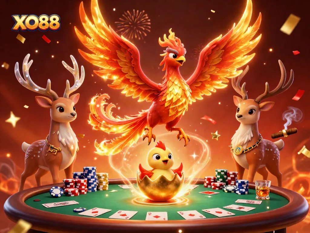 Win big with XO88 at this lively phoenix-themed casino illustration full of vibrant game elements.