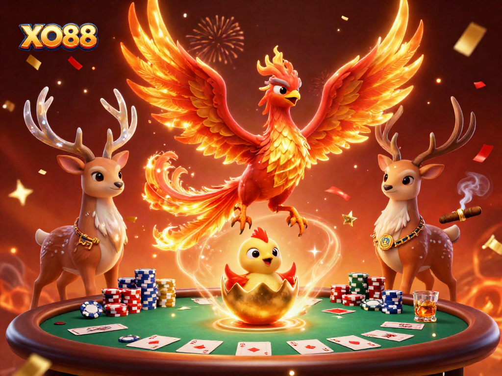 Win big with XO88 at this lively phoenix-themed casino illustration full of vibrant game elements.