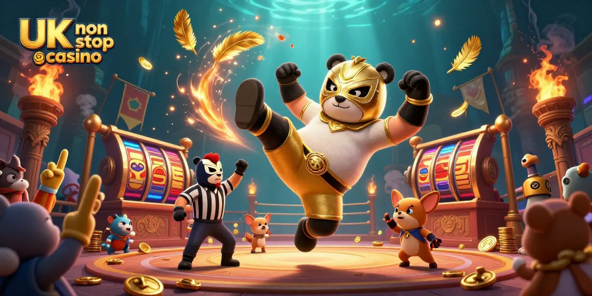 Explore the vibrant scene of a UK non gamstop casino with a wrestling panda and animated animal spectators.