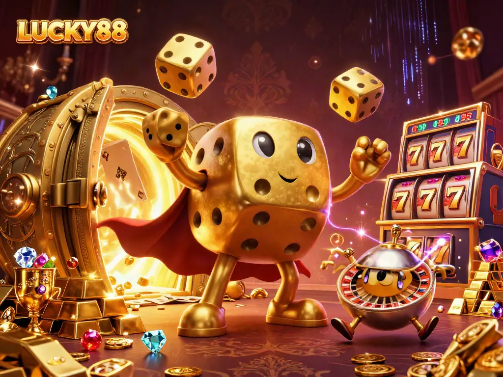 Spin and win with LUCKY88 in this vibrant 3D casino illustration filled with gold and excitement.