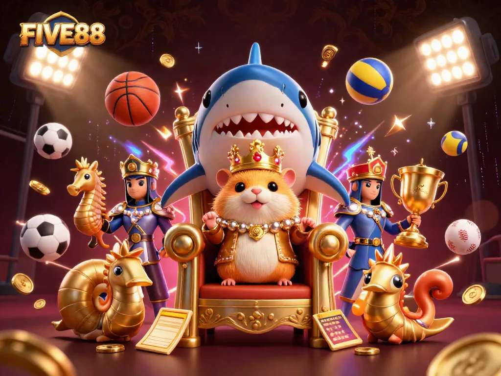 Bet on FIVE88 with the fierce golden hamster king and surreal casino elements in a dynamic gaming scene